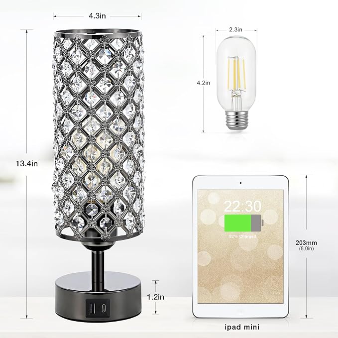 Hong-in Crystal Table Lamp,Black Lamp with USB C+A Ports, 3 Way Dimmable Light with Crystal Lampshade, Bedside Lamp Small Touch Light for Living Room Bedroom, Charge Phone (Bulb Included)