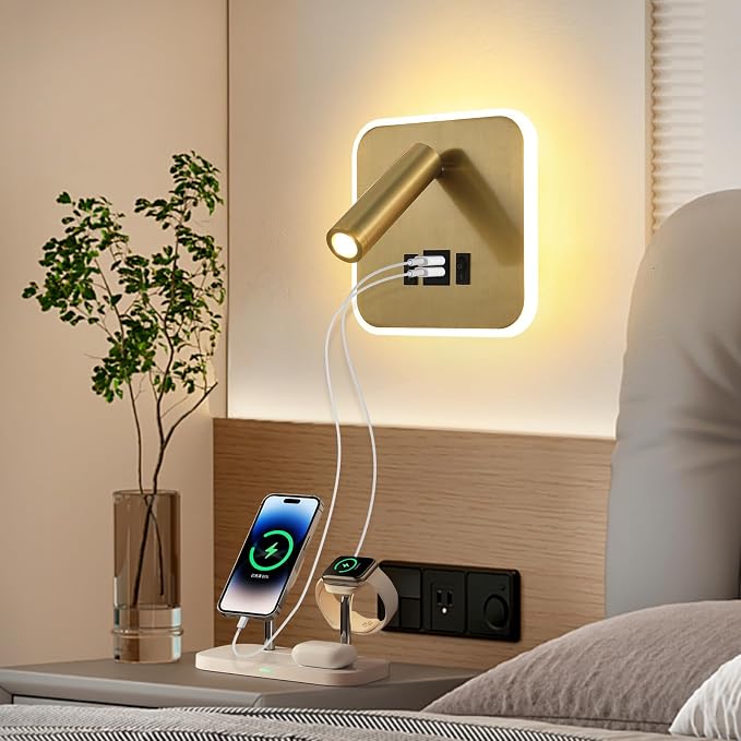 LED Wall Lamp With Wall Mounted Reading Lights,Modern Wall Sconce Plug in for Bedroom or Living Room With Charging Station USB C+A Ports,Headboard Bedside Lamps With 3W+9W Night Light 3000K