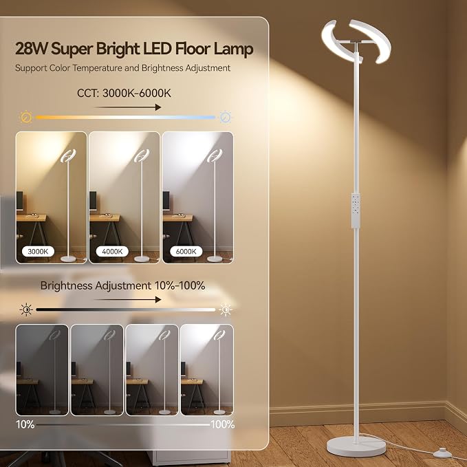 SUNMORY Floor Lamp for Living Room, 28W Bright LED Lamp with Remote Control | 1600lm Dimmable Rotatable Standing Lamp, 74" Tall Modern Reading Torchiere Uplighter Lamp for Bedroom Office Corner, White