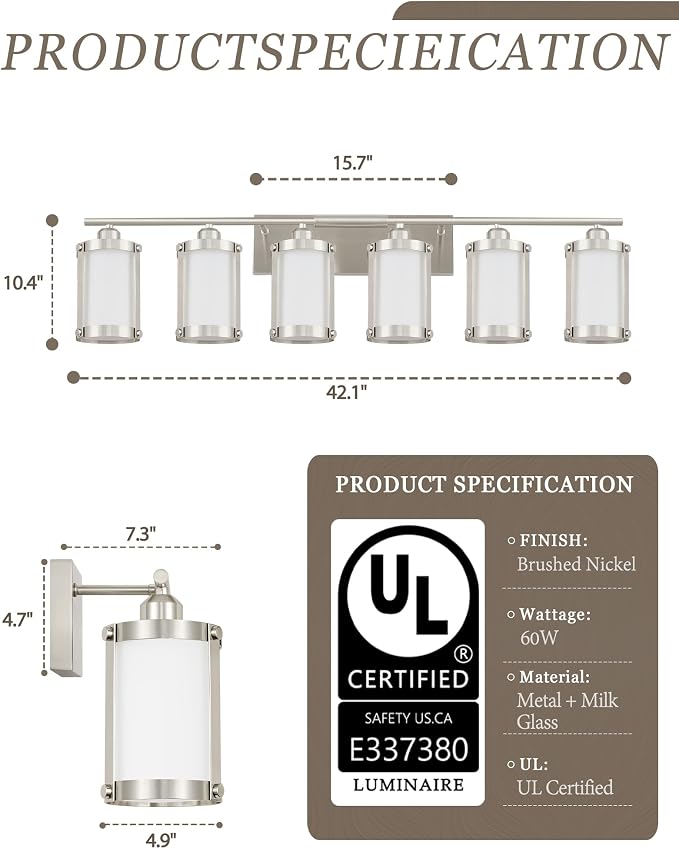 6-Light Brushed Nickel Bathroom Light Fixtures Over Mirror with Frosted Milk Glass and Metal Cage Shade, 42" UL-Listed Modern Farmhouse Wall Sconce for Bath, Hardwire E26, OS-3014BNW-6W