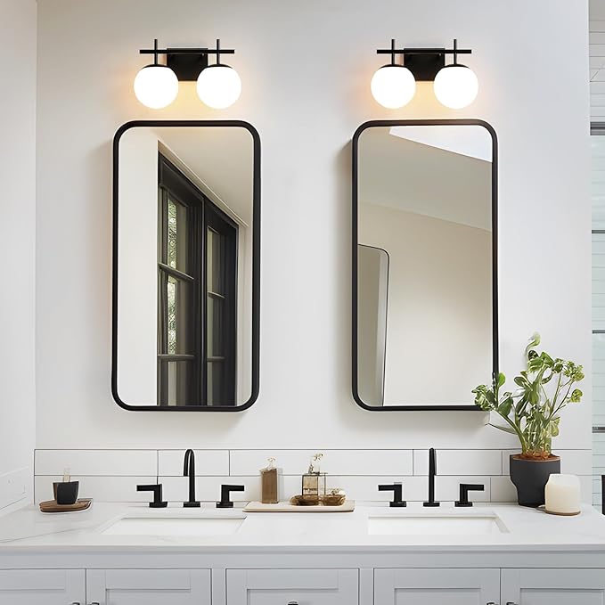 Black Bathroom Light Fixture Over Mirror, 2-Lights Vanity Lights with Milky White Frosted Glass Shade Mid Century Farmhouse Light Fixtures for Bathroom Above Mirror (Exclude E26 Bulb)