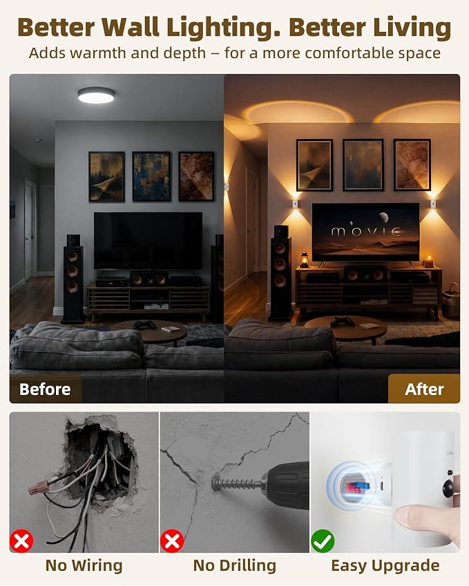 EZVALO Battery Operated Wall Sconce with Motion Sensor, 4000mAh Rechargeable Wall Light, 3 Color Temperatures & 12 RGB, Up & Down LED Lighting for Hallway, Stairs (White, 1 Pack)