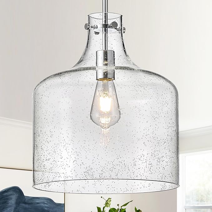 12" Chrome Seeded Glass Pendant Light, Modern Farmhouse Hanging Ceiling Light Fixture for Kitchen Island, Dining Room, Hallway, Hand-Blown Bubble Glass Shade, E26 Dimmable Pendant Lighting