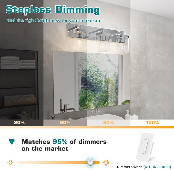 Chrome Bathroom Vanity Light, Square Design 3 Lights Morden Vanity Lighting Fixtures Over Mirror, Bathroom Light Fixtures for Living Room/Bedroom