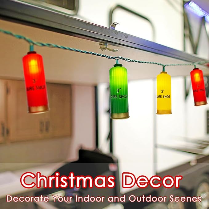SUNSGNE 8.5ft LED Shotgun Shells String Lights, Indoor Decorative Christmas String Lights with 10 Red Green Yellow Lights, Plug-in Hanging String Lights for Christmas Hunting-Themed Party Decor