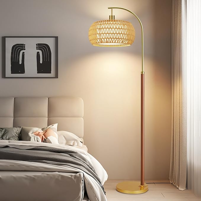 Wood Arc Floor Lamps for Living Room,Boho Rattan Floor Lamp with Remote Control & 3 Color Temperatures,Dimmable Mid Century Modern Standing Lamp Farmhouse Vintage Tall Floor Lamp For Bedroom Corner