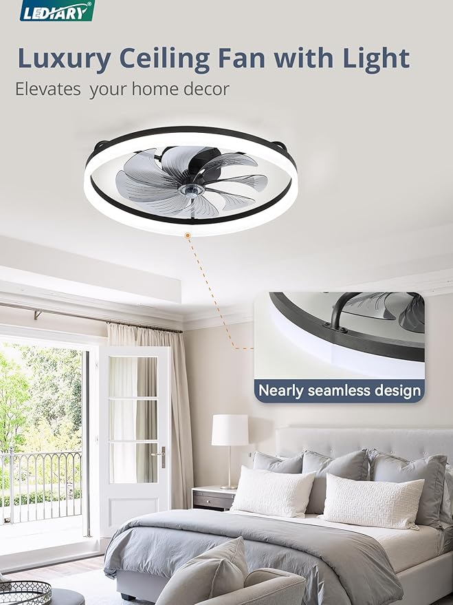 LEDIARY 23" Low Profile Ceiling Fans with Lights, APP & Remote, Black | Flush Mount, Dimmable LED, Quiet DC Motor, Reversible, 6 Speeds, Fandelier, for Bedroom