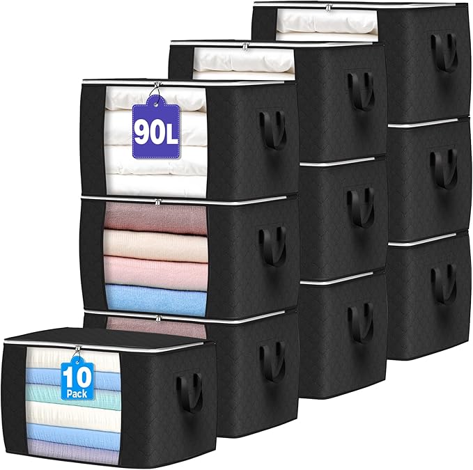 90L Large Storage Bags, 10 Pack Clothes Storage Bins Closet Organizers | Foldable Storage Containers, with Reinforced Handle, for Clothing, Blanket, Comforters, Bed Sheets, Pillows and Toys