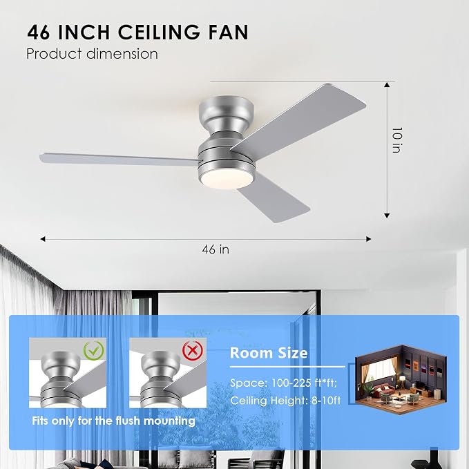 Asyko 46" Brown Modern Low Profile Ceiling Fans with LED Lights and Remote | Flush Mount,Reversible 6 Wind Speeds, Dimmable 3 CCT LED Light, 25W Quiet DC Motor,3 Double-Sided Blades,for Bedroom Kitchen