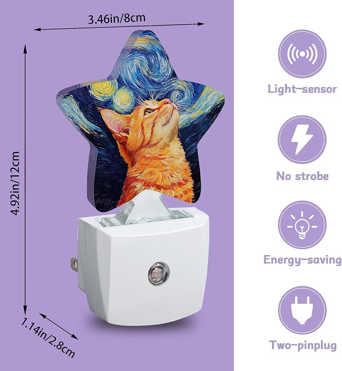 Cat Starry Night Night Lights Plug Into Wall Decorative,Oil Painting Nightlight with Dusk Sensor for Bathroom,Kitchen,Entryway,Room Accent,Gifts