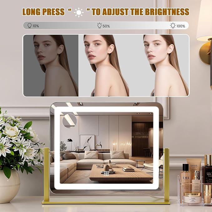 Rechargeable Vanity Mirror with Lights, 3000mAH Battery, 16"×12.4" LED Makeup Mirror, 10X Magnification, Smart Touch with 3-Color Lighting, 360° Rotation, Lighted Up for Makeup Desk, Bedroom (Gold)