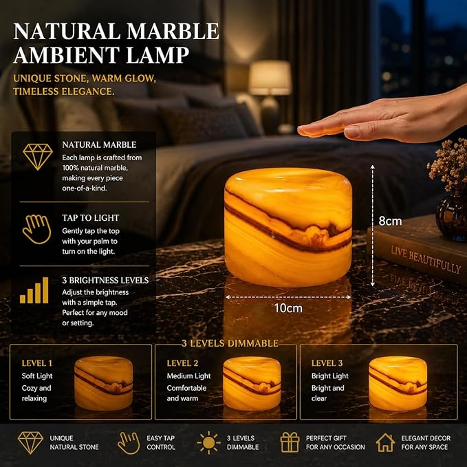 Marmor Marble Lamp Table Lamp Unique Stone Touch Lamp Pat Lamp Type-C 3 Way Bedside Lamp Ambient Light Bedroom Stands Night Light Decorative LED Warm Portable Lamp Rechargeable (Amber Jade)