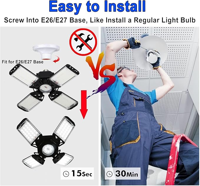 150W LED Garage Light - 15000 Lumen Ceiling Light with 4+1 Adjustable Panels, Daylight LED Shop Light Bulb Fixture for Garage, Workshop