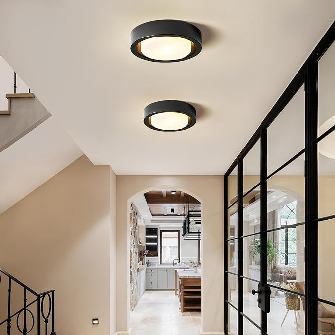 Black Flush Mount Ceiling Light,13 Inch Matte Black Ceiling Lighting Fixture,2-Light Modern Round Metal Lamp with White Frosted Glass Shade for Hallway Bedroom Closet Outdoor