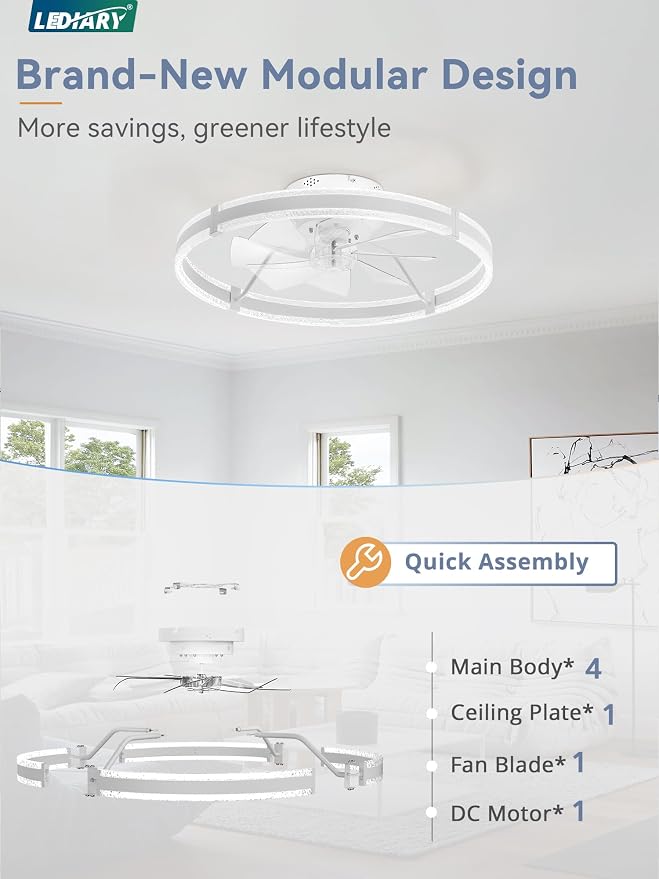 LEDIARY 24'' Modern Low Profile Ceiling Fans with Lights and Remote, White | 3000-6000K Dimmable LED, 6 Wind Speeds, Quiet Reversible DC Motor, Small Flush Mount Fandelier for Bedroom, Living Room