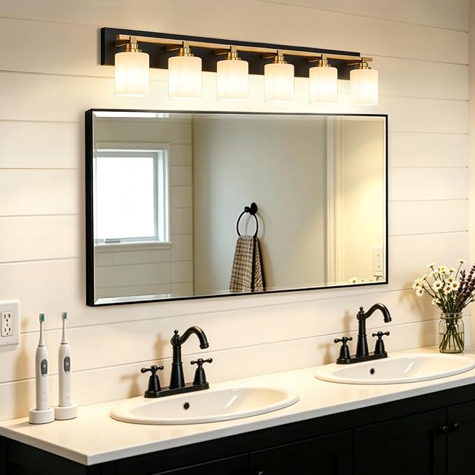 Black and Gold Bathroom Light Fixture, Modern 6 Light Vanity Lights for Bathroom Lighting Fixtures Over Mirror, White Glass Lampshade, Master & Guest bathrooms Bathroom Remodel, 43-inch