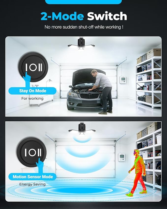 80W Motion Sensor Garage Light, All-Day Motion Activated Garage Light Led, Day & Night Sensing Garage Ceiling Lights, Adjustable Panels LED Shop Lights for Basement Attic