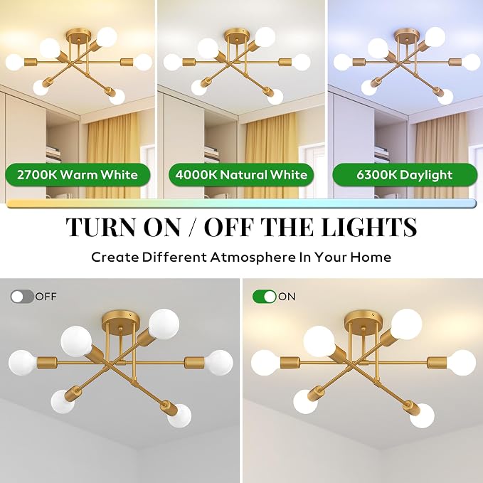 Modern Sputnik Chandelier, 6-Light 22" Semi Flush Mount Ceiling Light Fixture, Mid Century Industrial Chandelier Lighting for Dining Room, Bedroom, Living Room