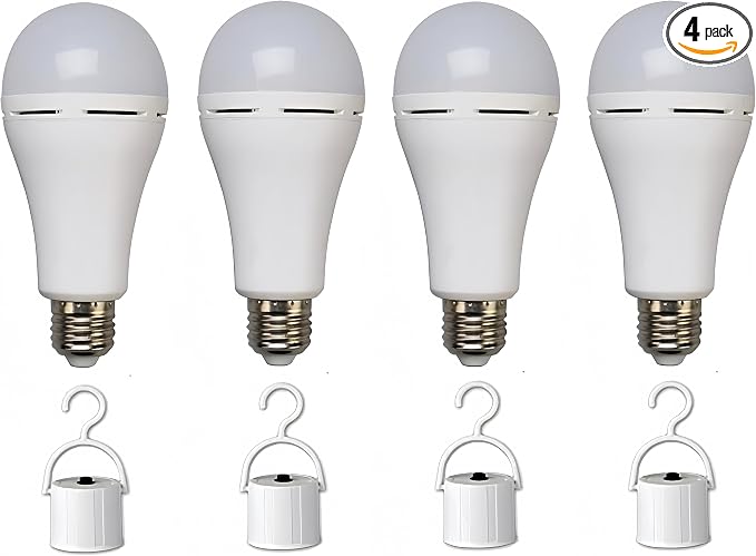 Emergency LED Light Bulb 5W 6500K Daylight, Portable & Rechargeable with Battery Backup, Ideal for Power Outages, Hurricanes, Home, and Camping, 40W Equivalent with Hook Switch,4-Pack