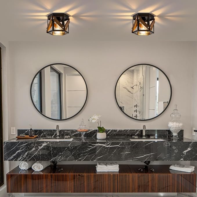 XSDeTu 2 Pack Farmhouse Flush Mount Ceiling Light, Rustic Hallway Light Fixtures Ceiling, Vintage Black Lighting Fixtures with Metal and Wood Cage, Small Chandelier for Kitchen Sink Entryway Bathroom