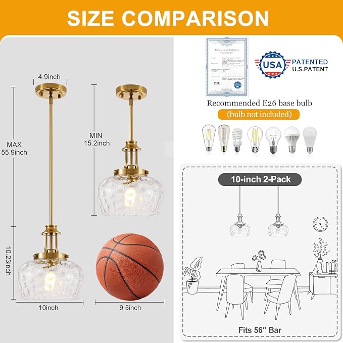 Modern Pendant Lights Kitchen Island, Brushed Gold Pendant Light Fixtures with 10" Clear Hammered Glass Shade, Industrial Hanging Pendant Lights Fixture for Kitchen Island Dining Room Bedroom Entryway