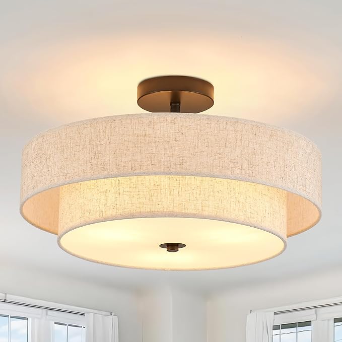 Modern Semi Flush Mount Ceiling Light 18" Modern 3-Lights Black Drum Ceiling Lighting Fixture with Linen Shade Vintage Ceiling Lamp for Kitchen, Basement, Laundry Room, Bedroom