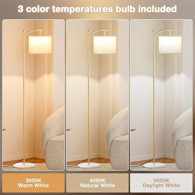 60" Floor Lamp for Living Room with 3 Color Temperatures, Gold Standing Lamp with White Marble Base, Modern Tall Lamp for Bedroom Office, 9W LED Bulb Included