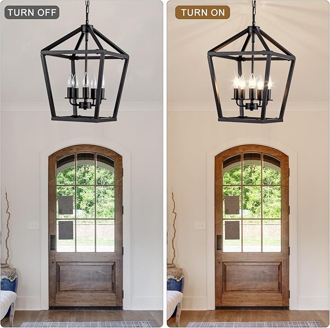 5-Light Black Pendant Lights Kitchen Island, 13 Inch Farmhouse Pendant Light, Adjustable Height Iron Lantern Black Pendant Light Fixtures, Cage Farmhouse Chandelier Island Lights for Kitchen Foyer