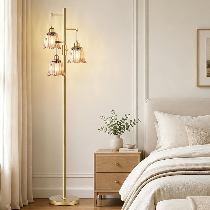 Dimmable Flower Floor Lamp, 3 x 900LM LED Bulbs Included, Modern | 70" Gold Tree Standing Lamp, 3 Lights Elegant Amber Glass Flower Shade, Vintage Floor Lamps for Living Room, Bedroom, Office