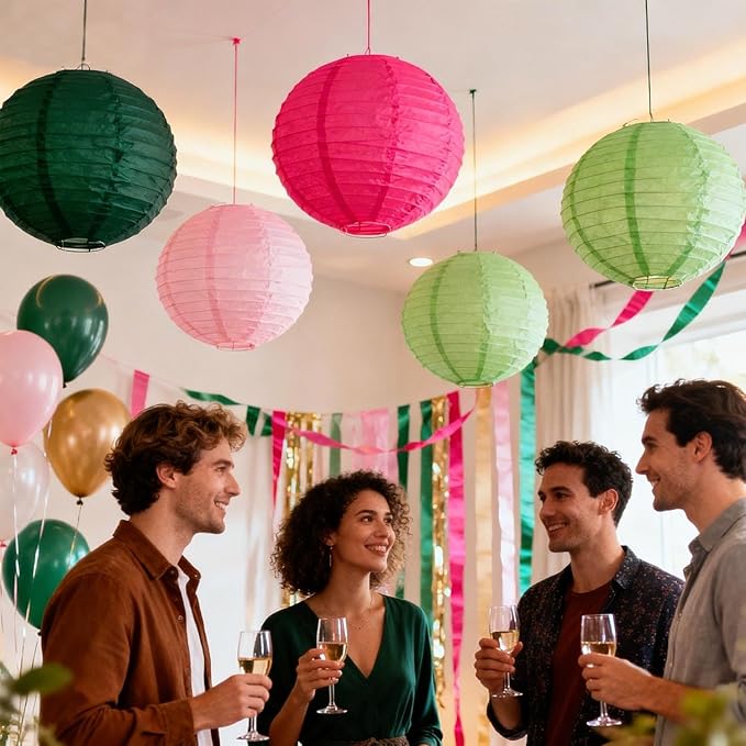 Green and Pink Paper Lanterns 12Pcs Hanging Lantern for Birthday Party, Wedding, Home Decor, Baby Shower Festive Decoration