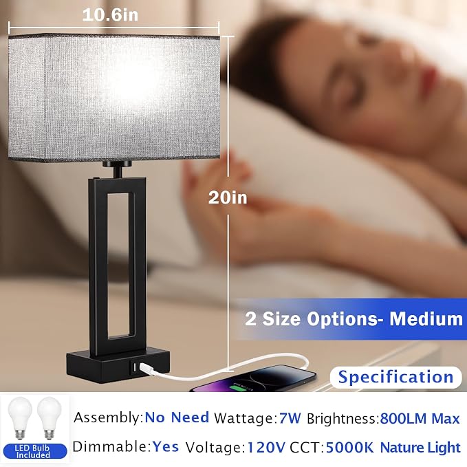 Modern Nightstand Lamps Set of 2 - Touch Control Bedside Table Lamps with USB C&A, 3 Way Dimmable for Bedrooms & Living Room, Gray & Black