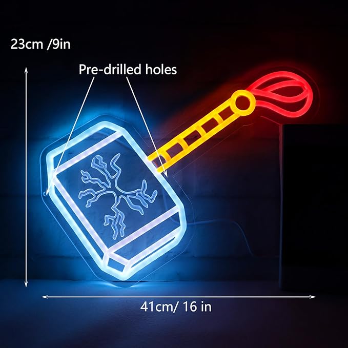 Thor Hammer Neon Sign for Man Cave, Marvell MCU LED Light Dimmanble USB Powered Wall Art for Game Room, Bar Decor