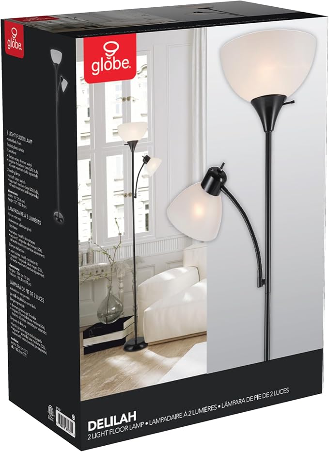 GLOBE Electric 67135 72" Floor Lamp with Adjustable Reading Light, Bright, Easy-to-Assemble Torchiere for Bedroom, Living Room & Office - Space-Saving Slim Design (Pack of 2)