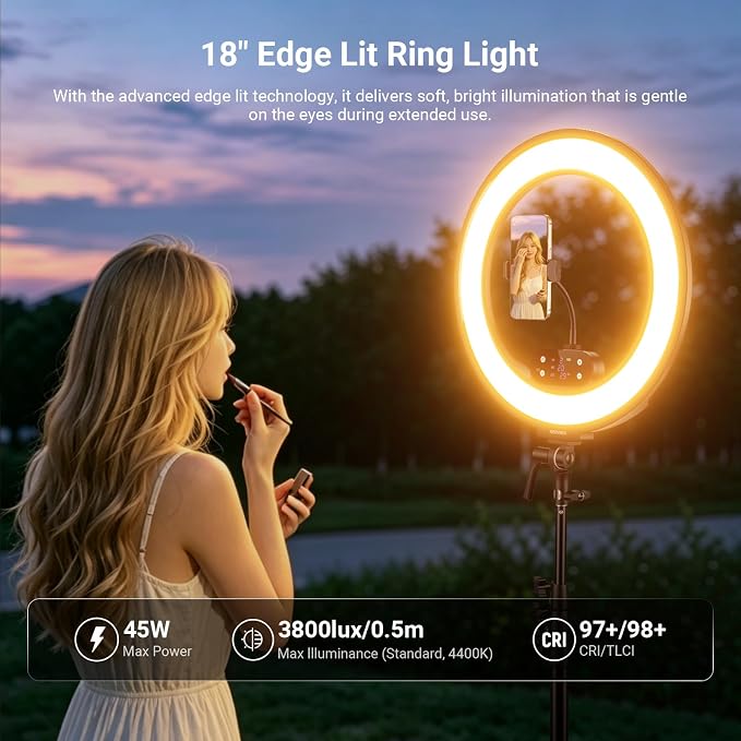 NEEWER 18" Ring Light, Wireless Professional Edge Lit Lighting with Tripod Stand, 45W 2900K-7000K CRI97+, 14.4V 3500mAh Battery, Phone Selfie Video Makeup Studio Streaming Photography, RB18B