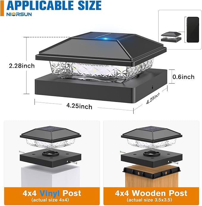 Solar Post Cap Lights,4x4 Post Solar Light,Warm White,16 Pack Black | Fence Post Solar Lights for 4x4 Post Caps Wood Vinyl, IP64 Waterproof Solar Post Lights Outdoor, Solar Deck Post Lights