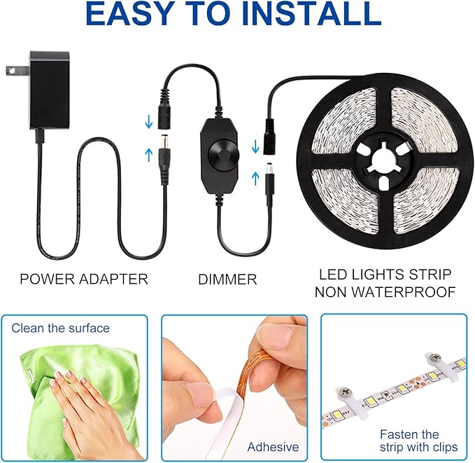 KOPMHYE 5M Dimmable LED Strip Lights Kits, 12V Tape Light, 300 2835 LED, 16.4ft 6000K Daylight White Ribbon with Power Adapter, Light Strips for Under Bed, Vanity Mirror, Cabinet, Non-Waterproof