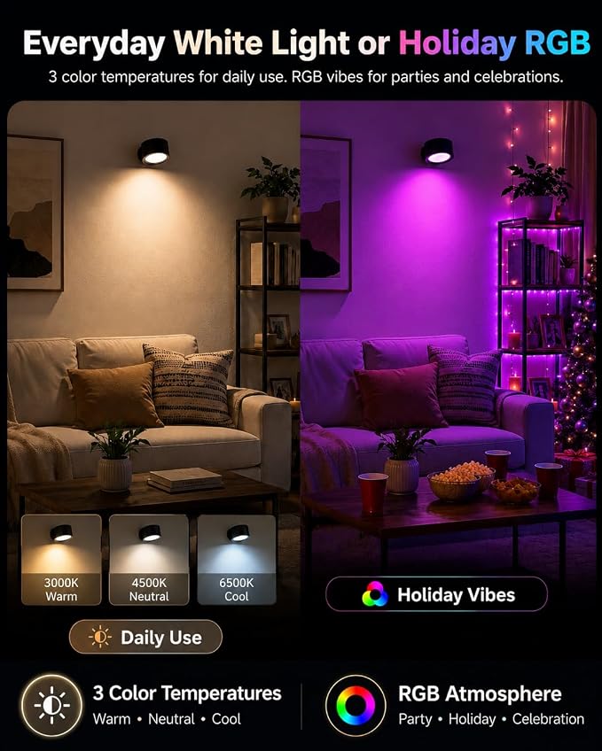 Rechargeable RGB Wall Sconces with Remote, Dimmable 360° Lights | 80 RGB Colors, 3 Color Temperatures, Remote and Touch Control, Ideal for Gaming Rooms and Bedrooms