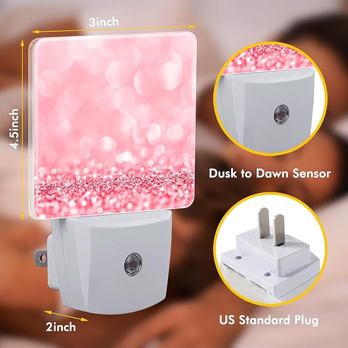 Pink Glitter Night Light,Plug into Wall with Dusk to Dawn Light Sensors,LED Nightlights for Bedroom,Bathroom,Kitchen,Hallway,Room Decor for Boys Girls Women Men