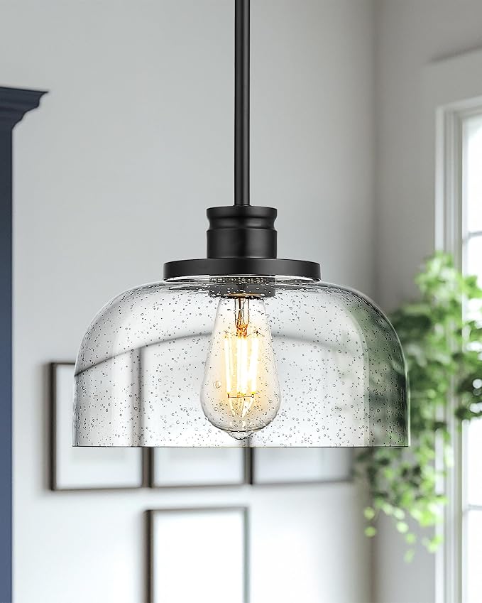 Emak Modern Black Pendant Light, 10 Inch Large Pendant Lights Kitchen Island with Seeded Glass Shade, Farmhouse Kitchen Island Lighting for Dining Room, Bathroom, Bar, PL131-BK-SG
