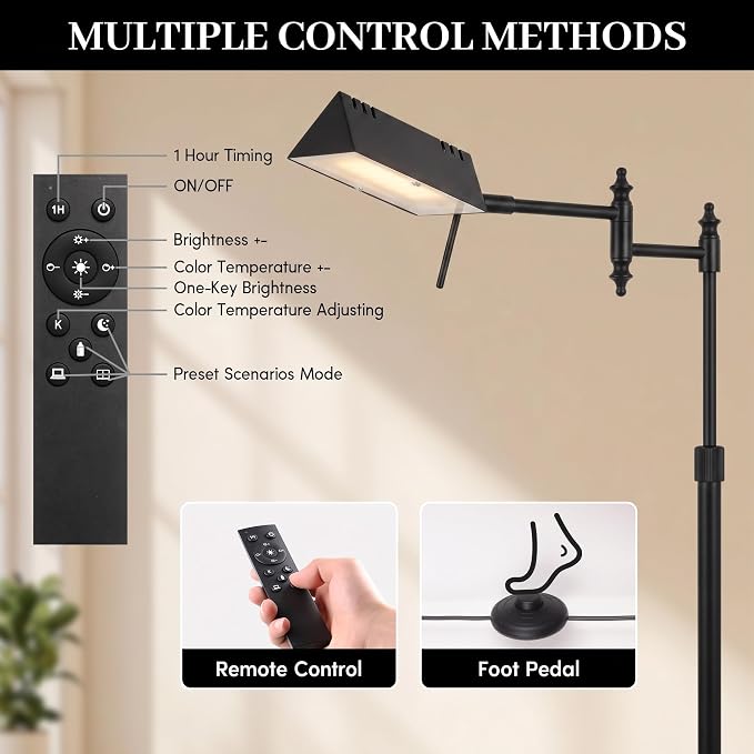 Bairth Black Reading Floor Lamp, Head 90°Rotatable Pharmacy Standing Lamp | 90°Rotatable Lamp Head 3 Color Temperature, Dimmable, 17W LED, Height Adjustable, 360°Swing Arm, Living Room, Bedroom, Craft