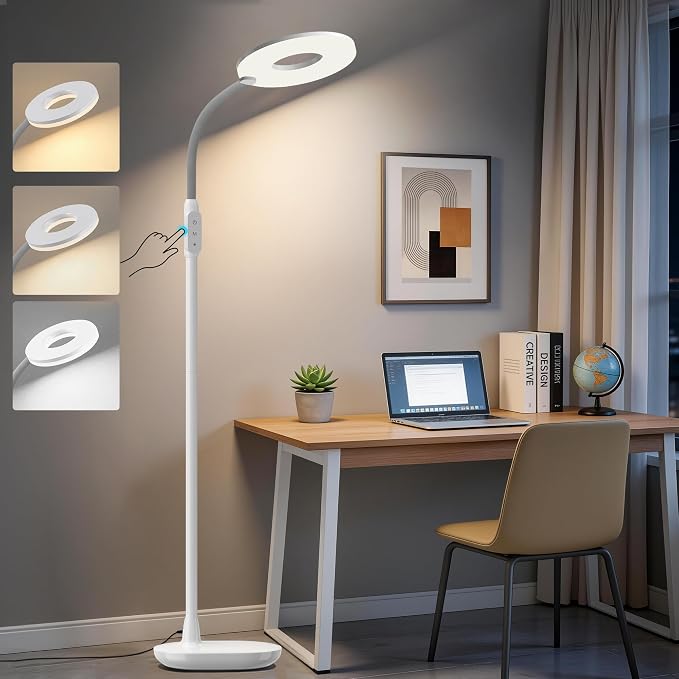 70'' Bright LED Floor Lamp Floor Lamps for Living Room, Office,White | Dimmable & 3 Color Temperature, Touch Control Standing Tall Lamp, Gooseneck Floor Light for Sewing, Craft, Bedroom, Corner