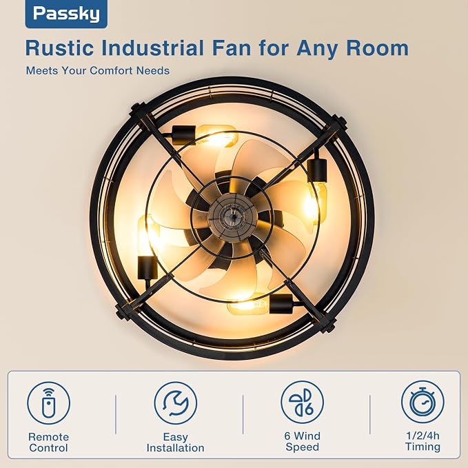 Passky 20" Caged Ceiling Fans with Lights and Remote, Low Profile Fandelier | Reversible DC Motor, 1/2/4H Timer, 6 Speeds, Farmhouse Style, Quiet Operation, for Bedroom, Kitchen, Dining Room, Living Room