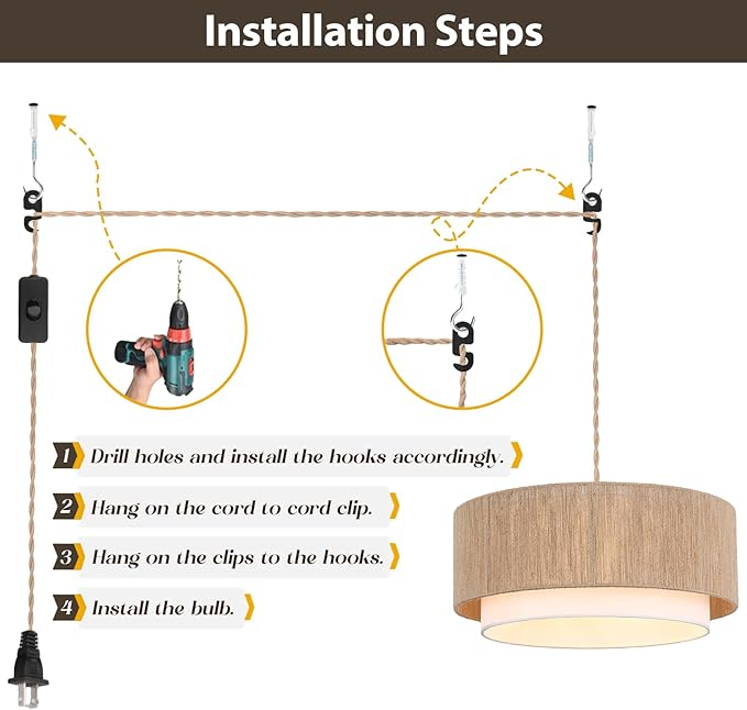 Plug in Pendant Light, 18” Rattan Plug in Chandelier with 15.7FT Light Cord, Hanging Light with Handwoven Hemp Rope Lampshade for Living Room Bedroom Kitchen
