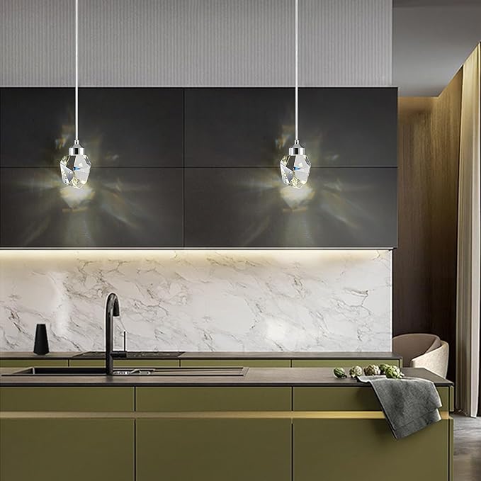 Modern Crystal Pendant Light, 3-Color LED Crystal Pendant Light, Adjustable Height Silver Ceiling Hanging Pendant Lamp, for Bedroom Dining Room Kitchen Island Decor Lighting (Silver)