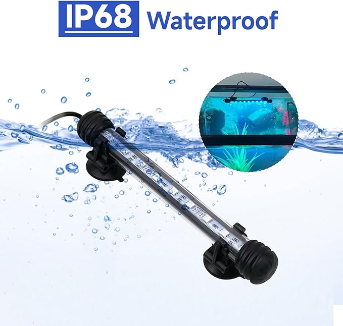 15 inch RGB Aquarium Lights, Underwater Fish Tank Lights IP68 Waterproof Color Changing Adjustable Memory Submersible Remote Control Aquarium Tank Sucker Hood Strip Waterfall Lights