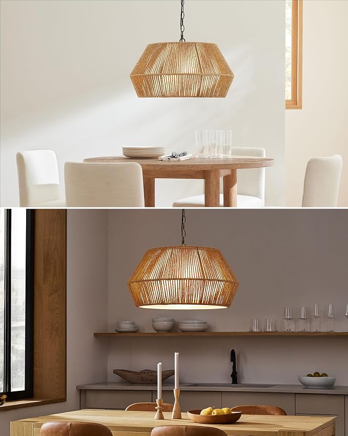 ELYONA Large 4-Lights 20" Rattan Chandelier, Boho Pendant Light Fixtures, Adjustable Japandi Woven Chandelier for Dining Room with Fabric Shade, Rustic Hanging Light for Kitchen Island,Living Room