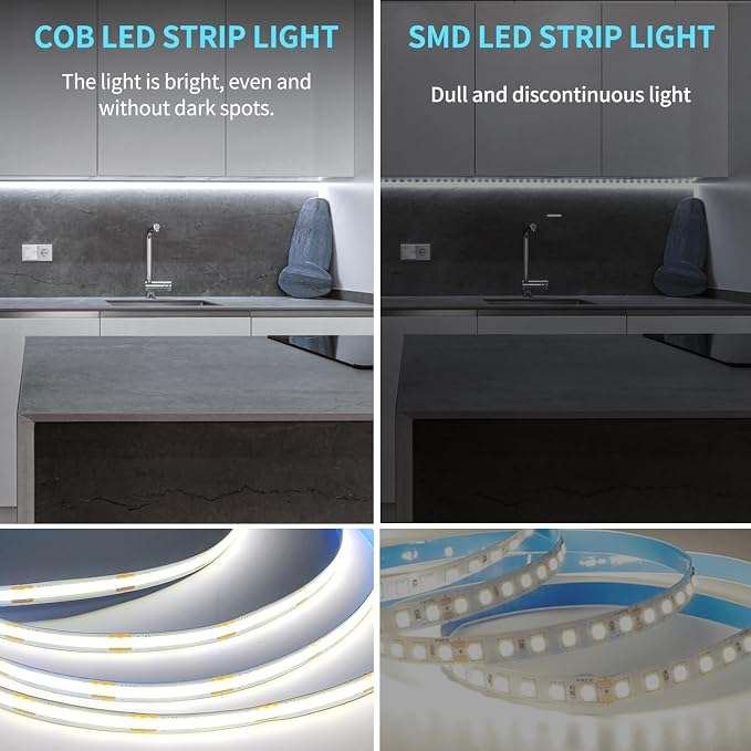 50FT COB LED Strip Lights DC 24V Dimmable 6000K White | Flexible LED Tape Light for Bedroom, with Remote and app Control LED Tape Lights CRI90+,for DIY Home Decoration