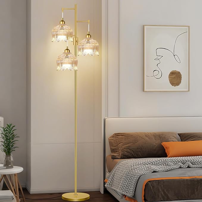 ZECOXOL Gold Floor Lamps for Living Room Bedroom-3 Light Glass Floor Lamp with Three Led Bulb,Mid Century Standing Lamp Vintage Brass Tall Lamp Tree Floor Lamp