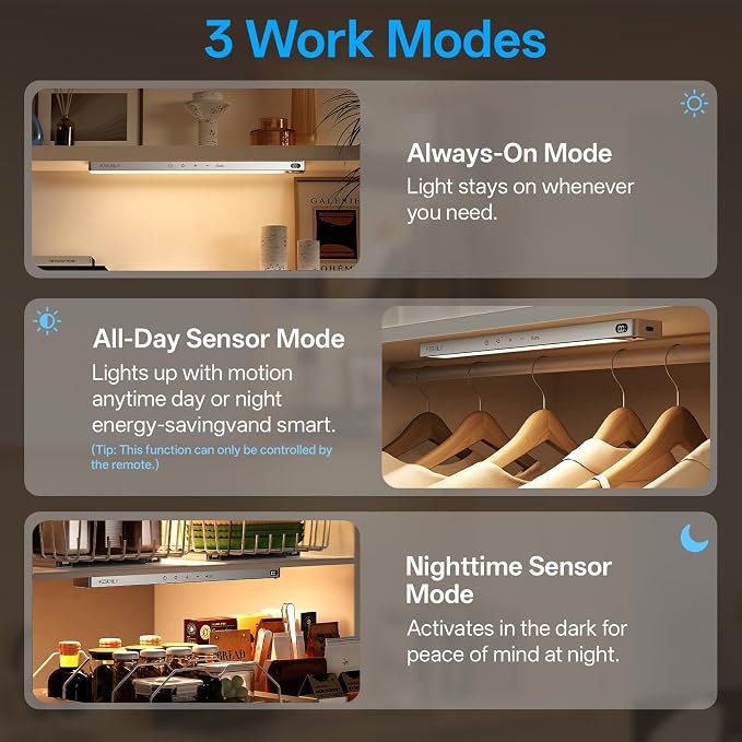 5-Pack Under Cabinet Lighting Wireless Motion Sensor Light Indoor | 14.2inch Rechargeable,3Color Dimmable,Power Display,LED Closet Light Magnetic with Remote,Under Counter Lights for Kitchen