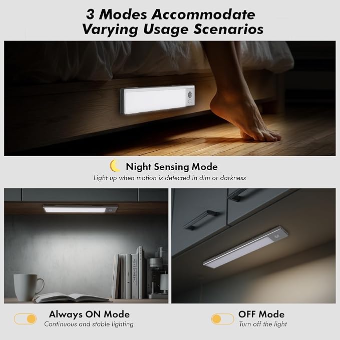 2 Pack Under Cabinet Lighting, 3 Colors & Dimmable Motion Sensor Light Indoor, 900mAh Rechargeable Under Cabinet Lighting Magnetic for Kitchen, Stairs, Closets, Silver(Aluminum Alloy+ABS +PC)